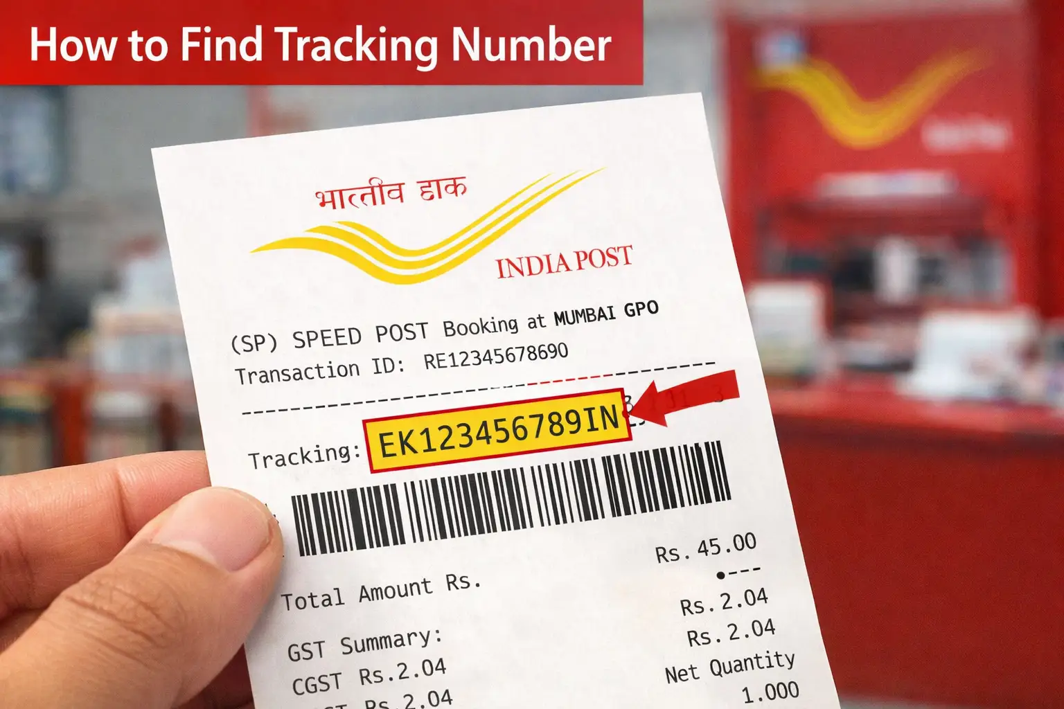 How to find India Post tracking number on post office receipt — showing EK123456789IN barcode